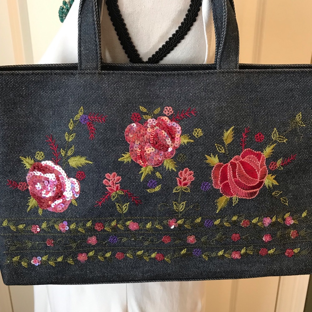 embroidered & sequined denim purse
